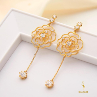 Kiss Gold 玫瑰花耳環｜鑲鑽垂墜耳環，金色高質感飾品，女生時尚首選！