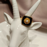 復古風黑色方形珍珠花朵戒指，獨特優雅魅力的詩意飾品