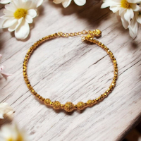 精緻黃金手鍊 - 鑲五顆圓珠，調節長度，完美展現高貴典雅氣質