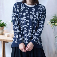 深藍色花卉圖案長袖針織衫 - 春秋季節的時尚必備單品